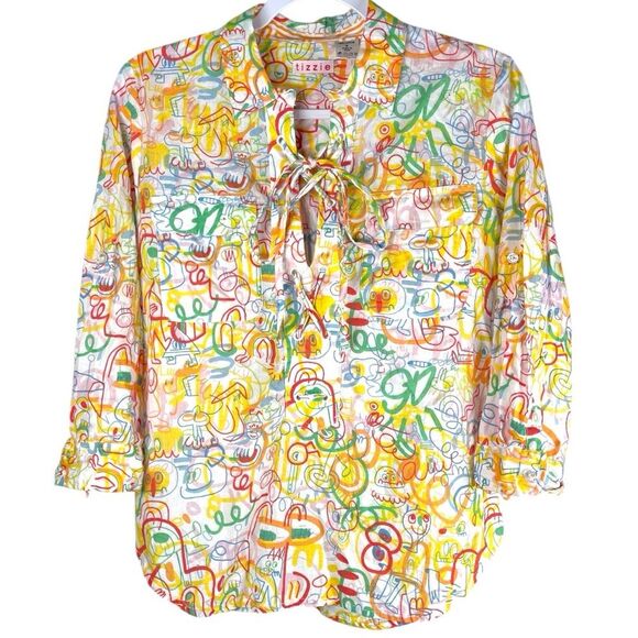 Tizzie Multicolor Abstract Graffiti Art Print 3/4 Sleeve Tie Neck Top Size Small - Picture 1 of 6